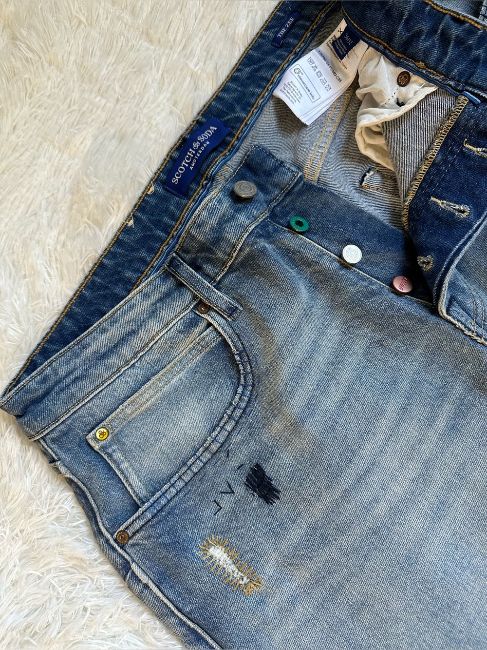 Scotch & Soda "The Zee" Distressed Button Fly Jeans 36x32 Stitch Detail Denim - Picture 10 of 10